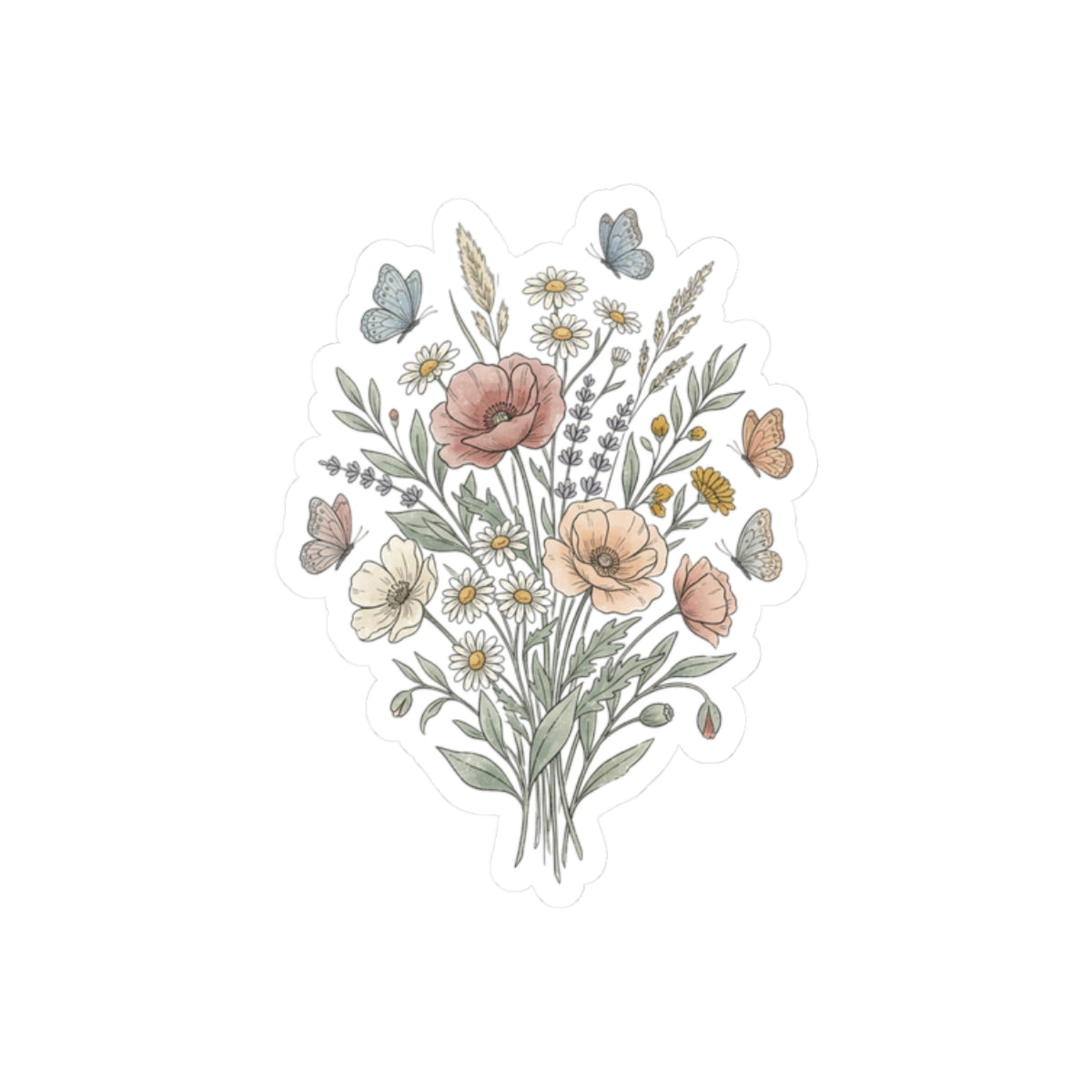 Floral Bouquet Kiss-Cut Sticker — Vintage Wildflowers & Butterflies